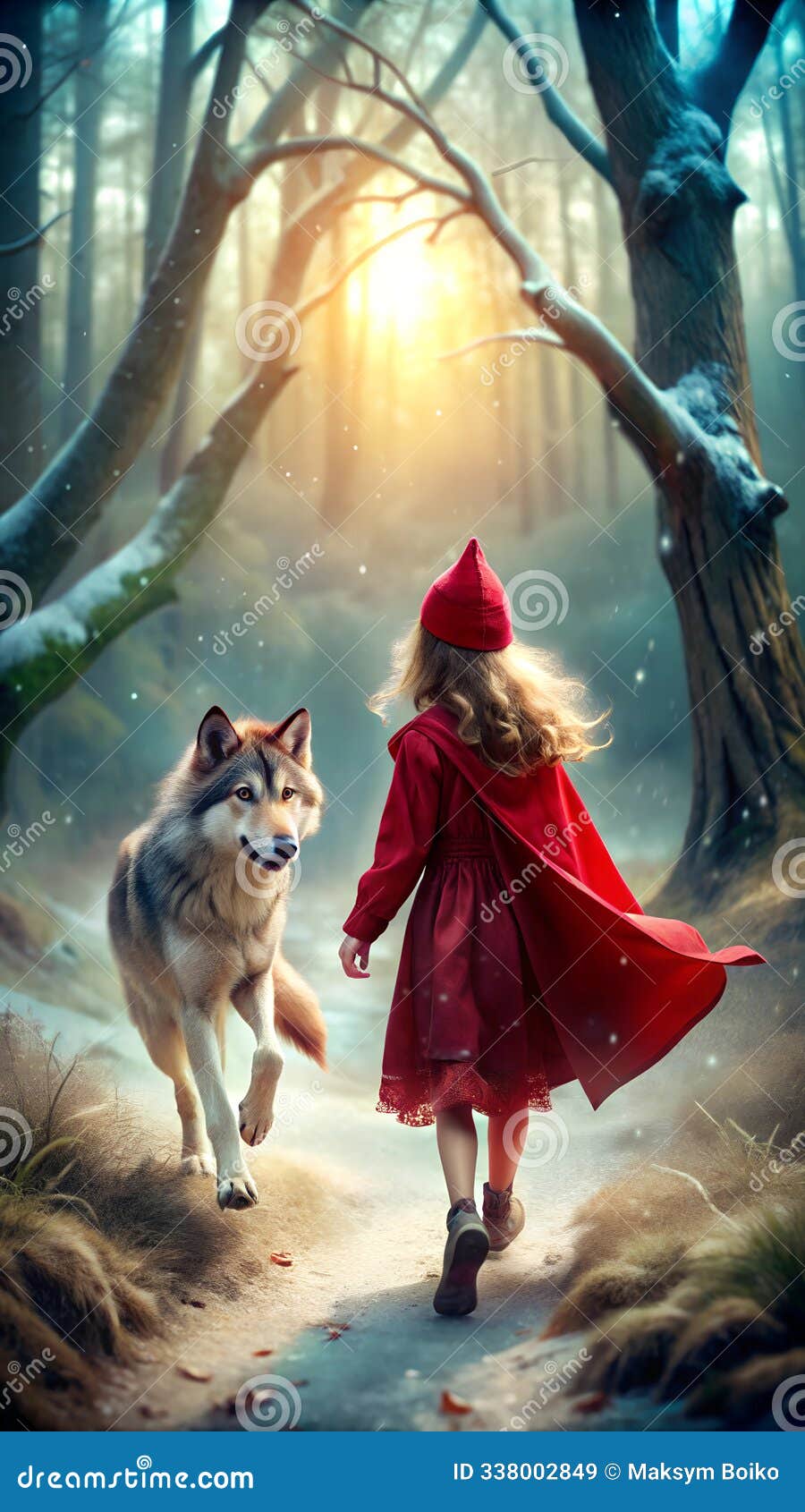 enthralling scene of a brave little girl in red hood entrapped in