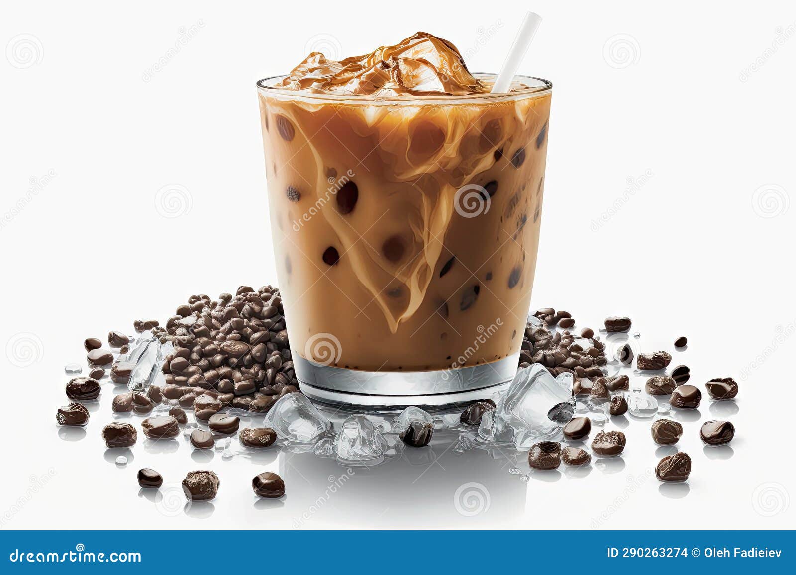 iced coffee with ice cubes and coffee beans on white background