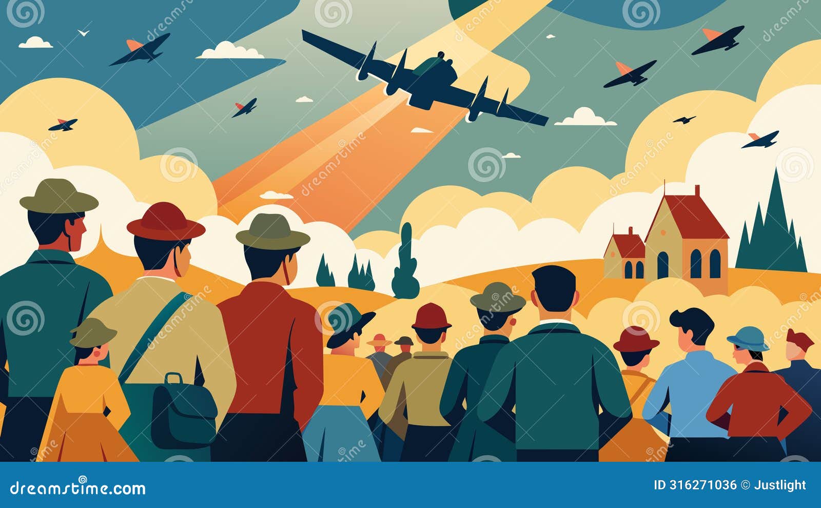 an entire community gathers to watch in amazement as vintage planes soar overhead their presence a tribute to the