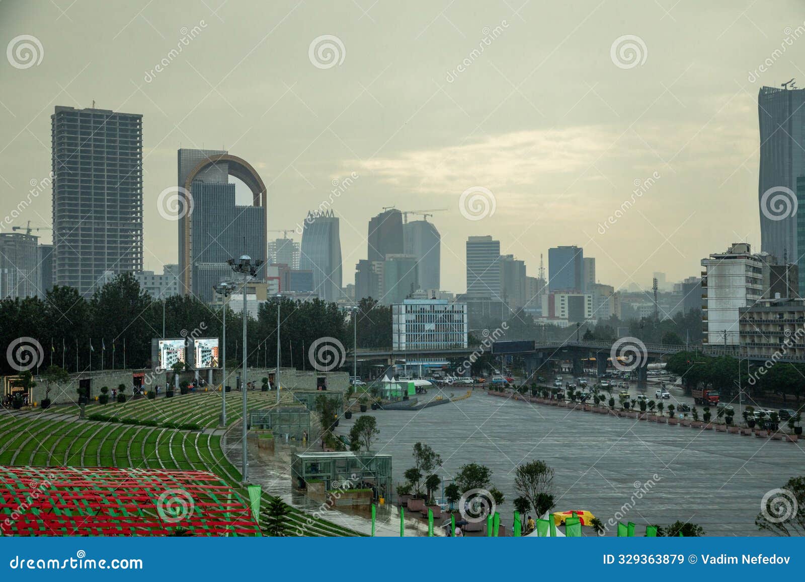 ÃÂ¡entral square with business district modern skyscrapers of the downtown of addis ababa, ethiopia