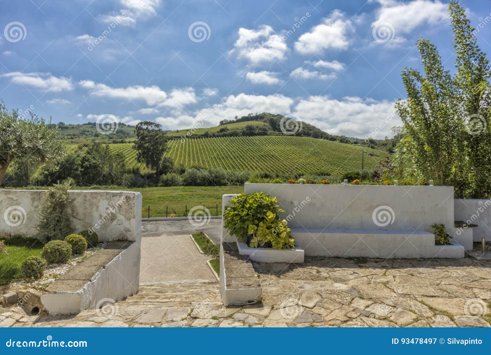 entrance of homestead with stairs, wall and mountainous field in