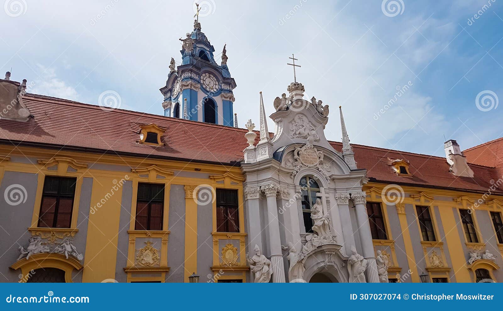 duernstein - entrance portal and blue spire abbey church in duernstein, austria in krems an der donau