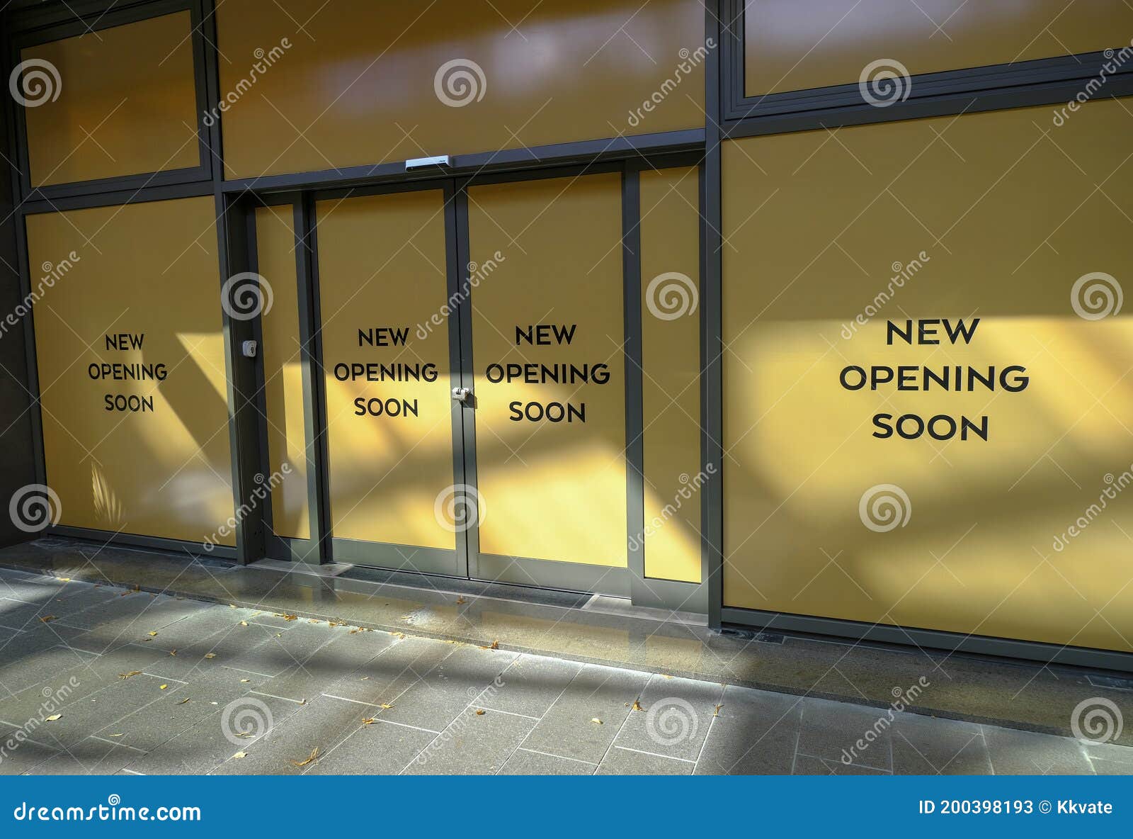 Entrance To the Store with Text New Opening Soon. Retail Business Open