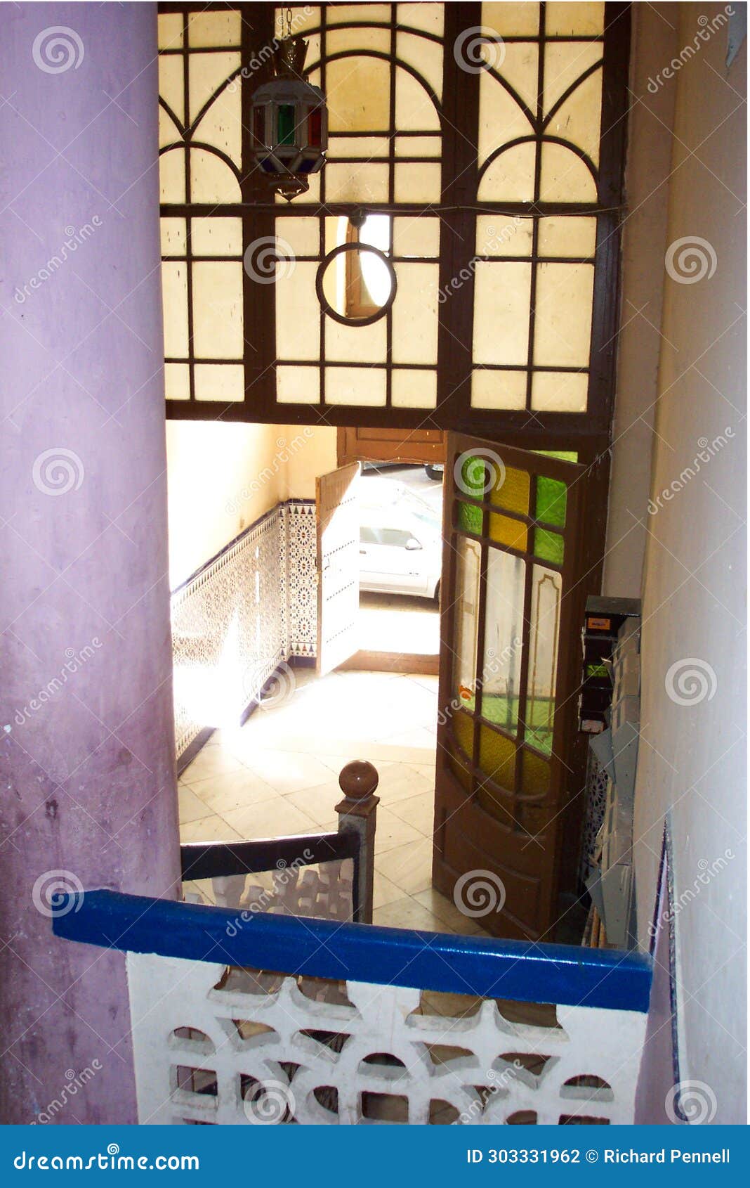 entrance way decoration of casa de cristales building, melilla spain showing art nouveau decoration mixed with moroccan motifs
