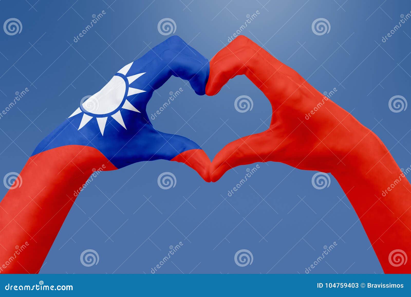 Entrega a bandeira de Taiwan, dão forma a um coração Conceito do símbolo do país, no céu azul Gráfico abstrato da ilustração 3d, projeto com teste padrão e textura