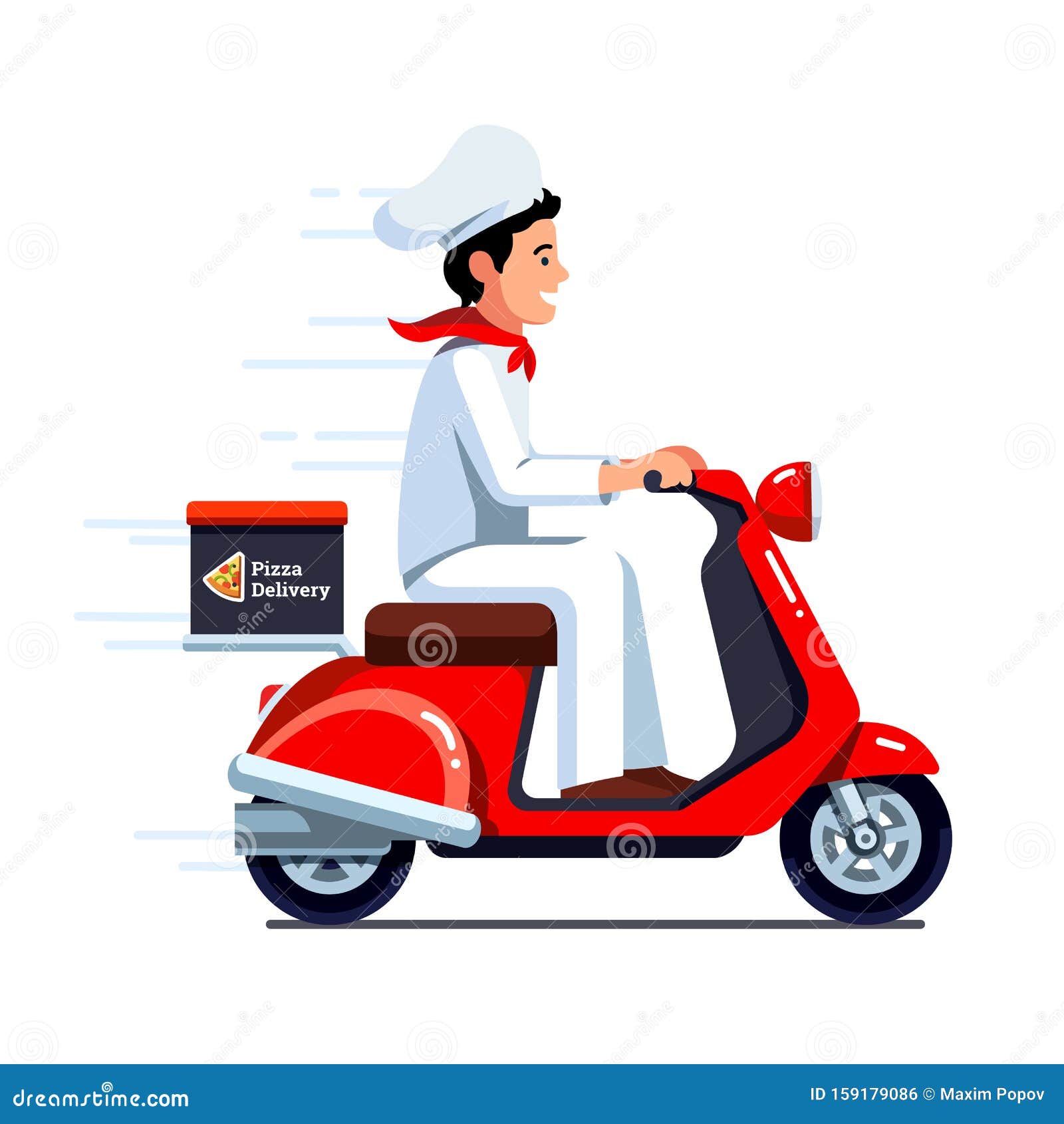 ilustração em vetor plana entrega pizza. homem dirigindo scooter com  personagem de desenho animado de pacote de comida, isolado no fundo branco. motoboy  motoboy, entregando pedido de restaurante pizzaria 4461987 Vetor no