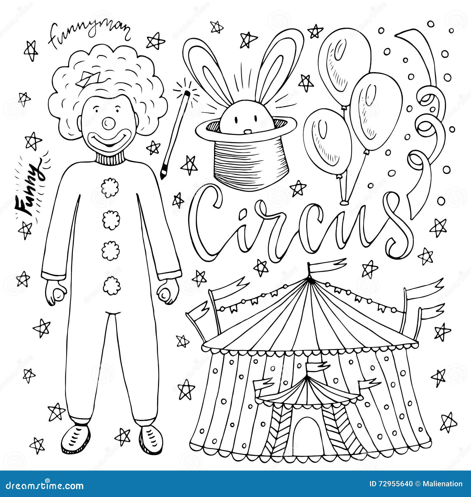 Entregue a coleção tirada do circo com palhaço, balão, tenda do circus e coelho da mágica Página do livro para colorir para crianças