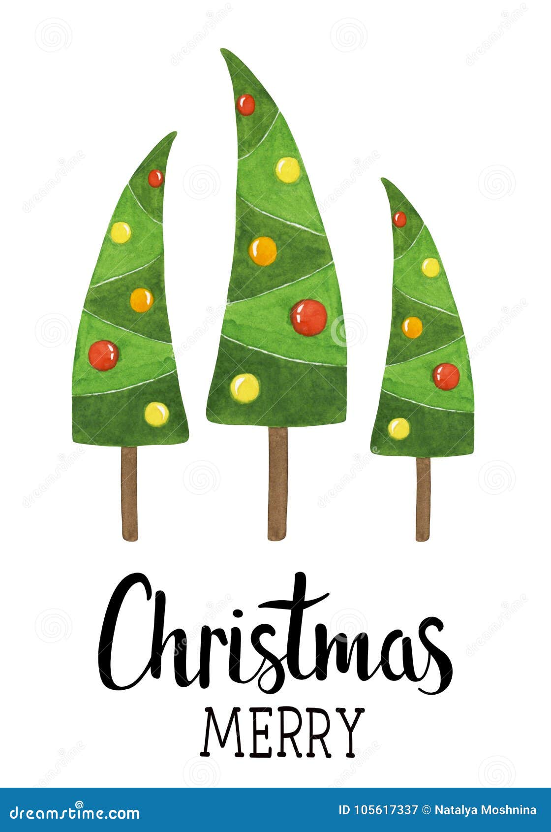 Entregue O Cartão De Natal Do Desenho Com a árvore De Natal Da Aquarela,  Bola Ilustração Stock - Ilustração de fundo, conto: 105617337