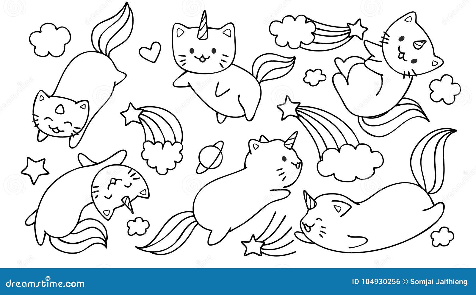 Desenho de unicórnio de gato bonito e arco-íris para colorir desenhado à  mão