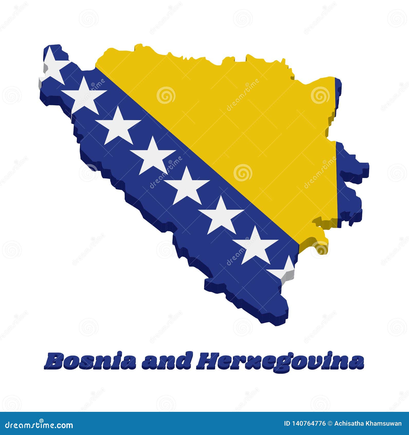 Entwurf Der Karte 3d Und Flagge Von Bosnien Von Gelben Rechten Dreieck Und Von Weissen Sternen Und Von Zwei Halftesternen Spitzen Vektor Abbildung Illustration Von Sternen Weissen