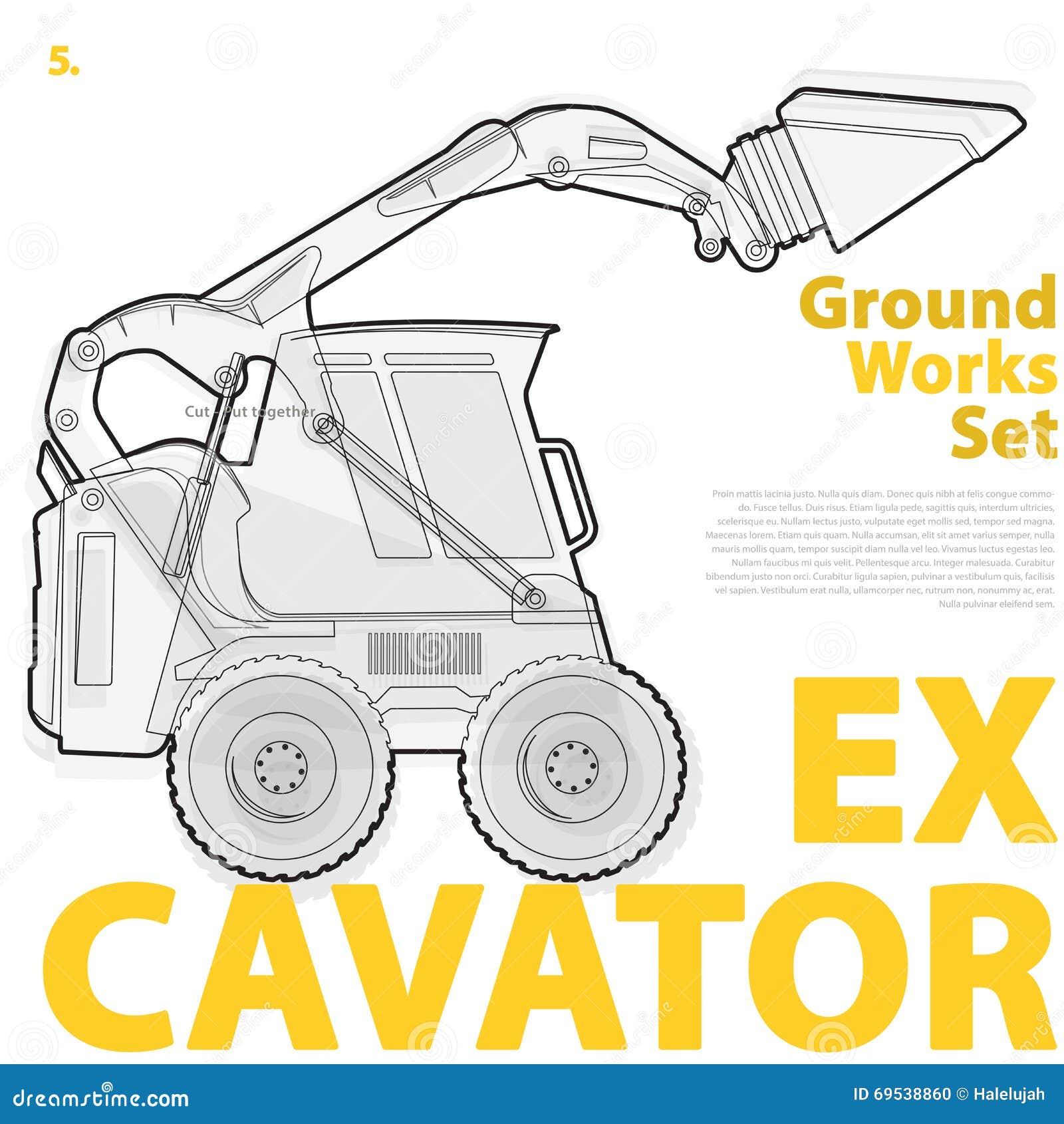 Entwurfssatz Baumaschinen bearbeitet Fahrzeuge, Bagger maschinell Baugeräte für das Errichten LKW, Gräber, Kran, Bagger, Mischung, Vorlagenvektorillustration, nette Fundamentstypographieseite