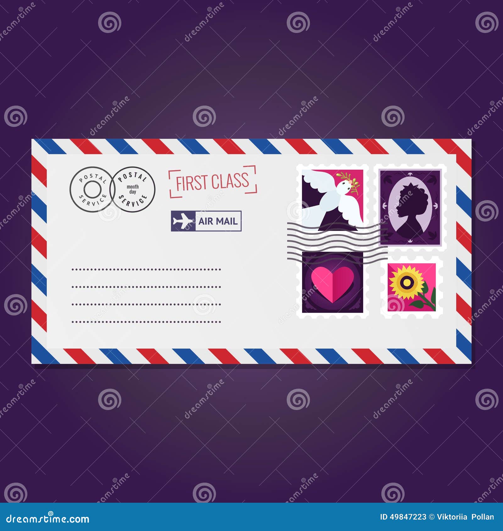 Envelope com vetor dos selos (pomba, silhueta, coração e flor). Envelope com selos (pomba, silhueta, coração e flor) no fundo roxo-azul (vetor)