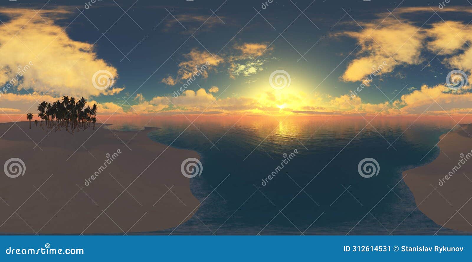 environment map, round panorama, spherical panorama, equidistant projection, sea sunset