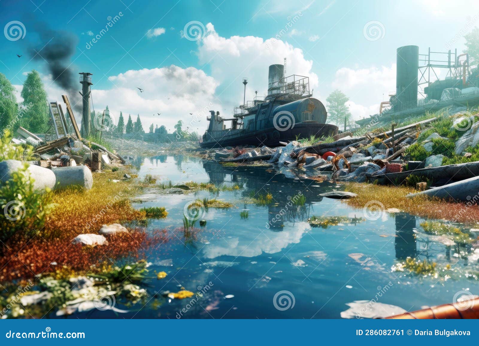 environmental impact. factory garbage dump contributing emissions to climate changes and ecological problems. need sustainability