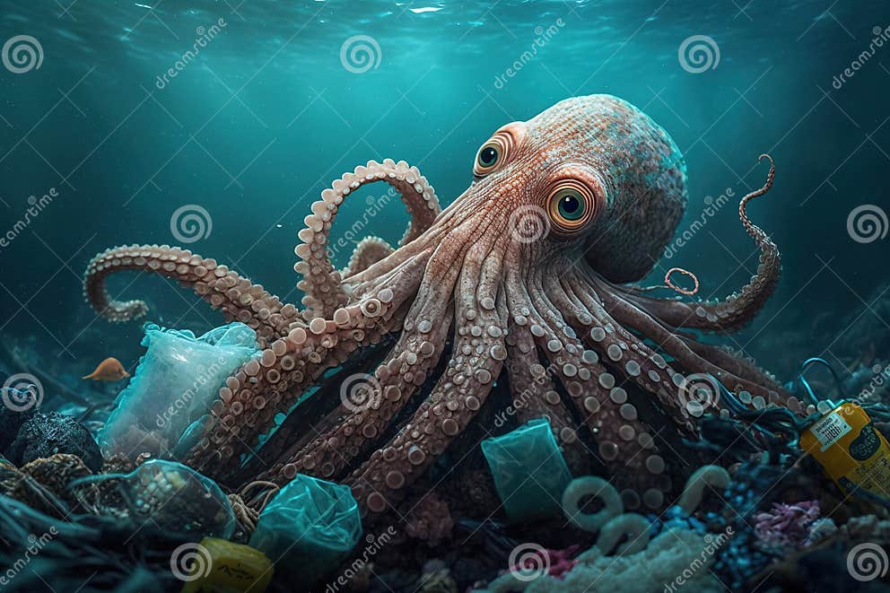 A Illustration of an Octopus among Plastic Waste in the Ocean