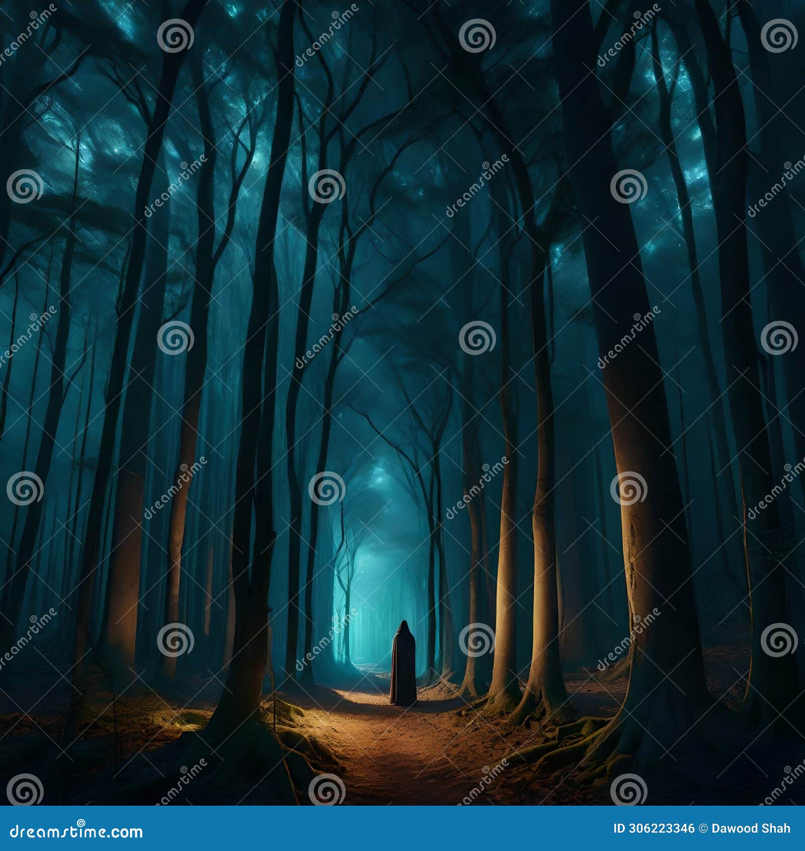 envision a sublime all saints' day night in an ancient forest, where spectral lights illuminate the path among ancient trees