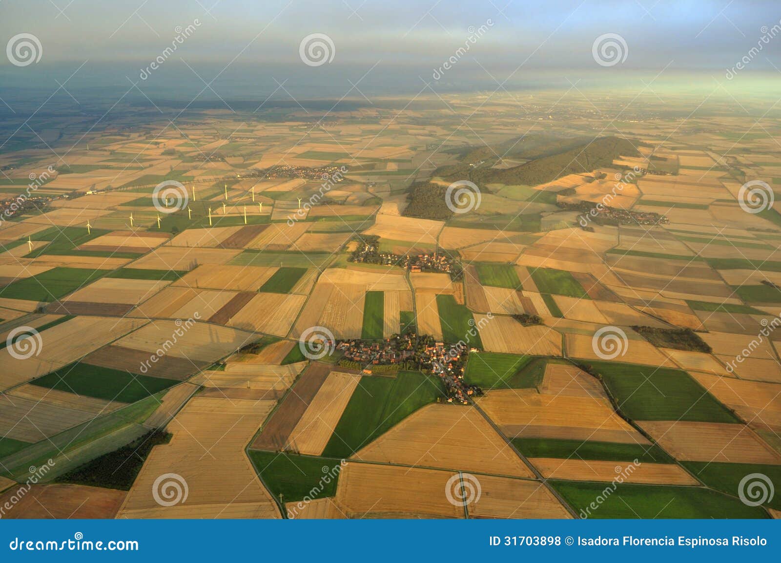 eolic field and town from the sky in germany