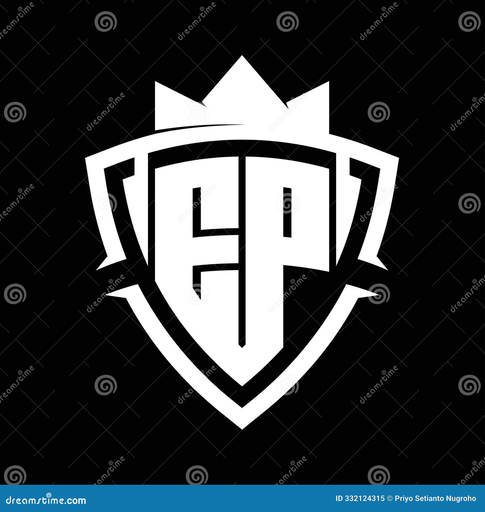 ep letter monogram with triangle curve shield  with crown white and black background color 