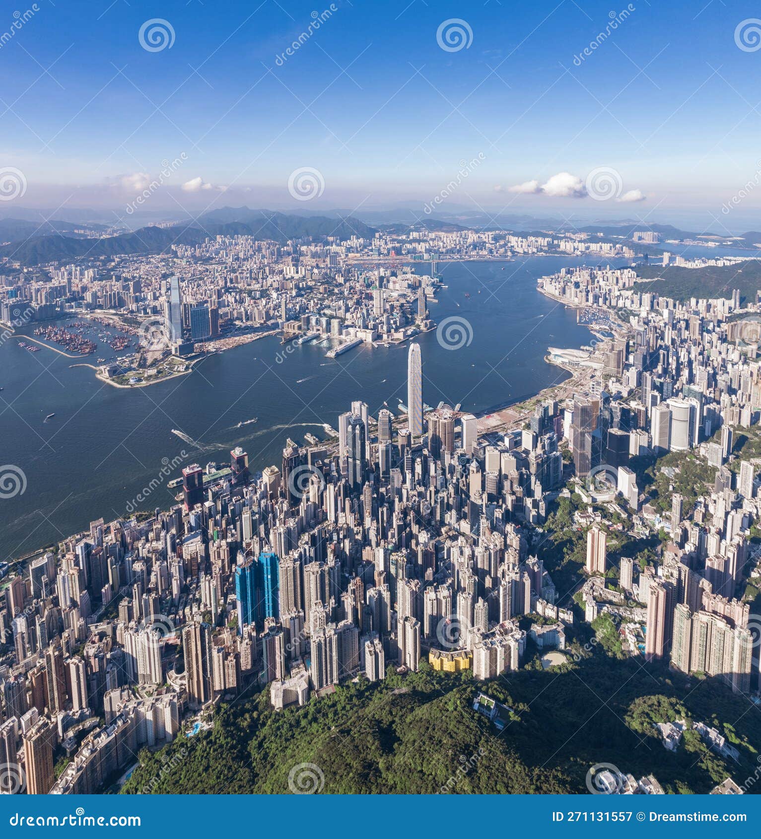Epic Aerial View of the Famous Landmark of Hong Kong. Victoria Harbour