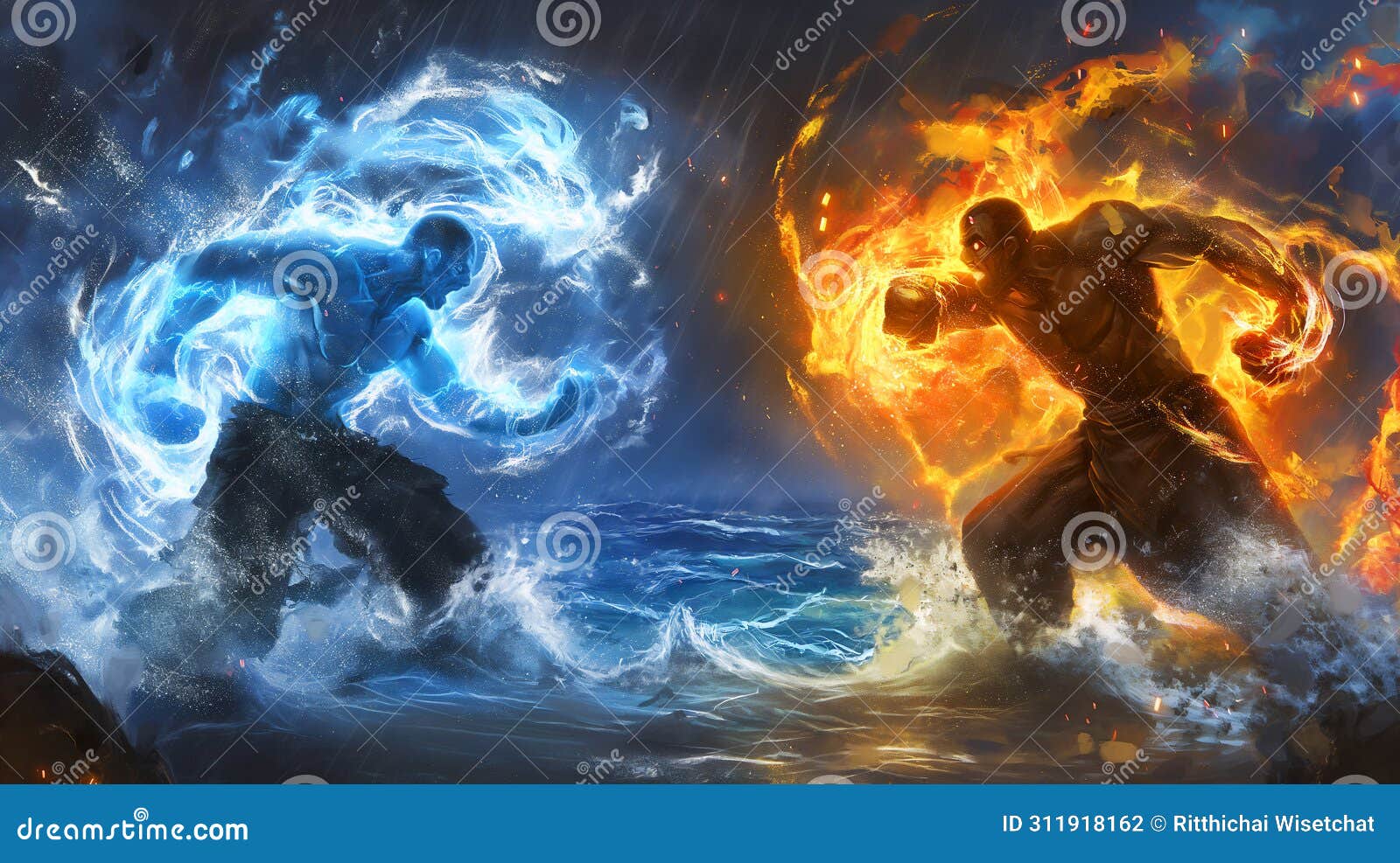 epic battle between two al titans, one wreathed in flames, the other in swirling water, amidst a stormy sea backdrop.