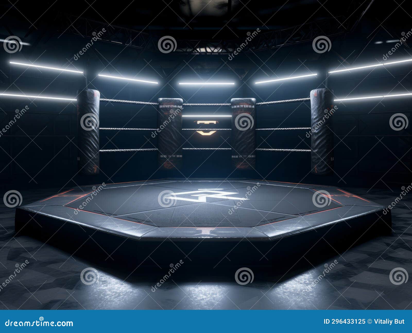 Epic Empty Ring for Fights without Rules and MMA in the Spotlight on