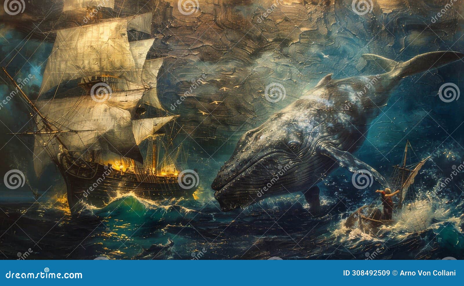 epic encounter: pequod battles moby dick in dynamic ocean painting