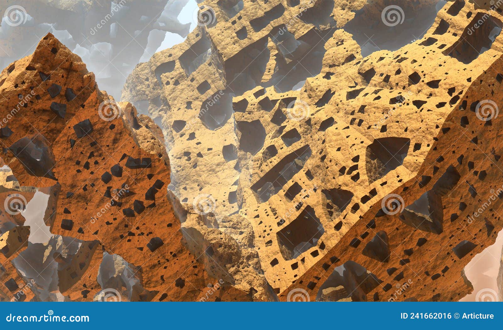 epic fantastic rocky sandy structure with multiple holes in different planes and dimensions.