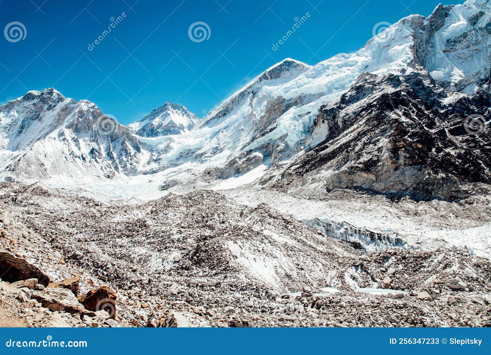 epic khumbu glacier on the way to everest base camp in himalaya mountains.