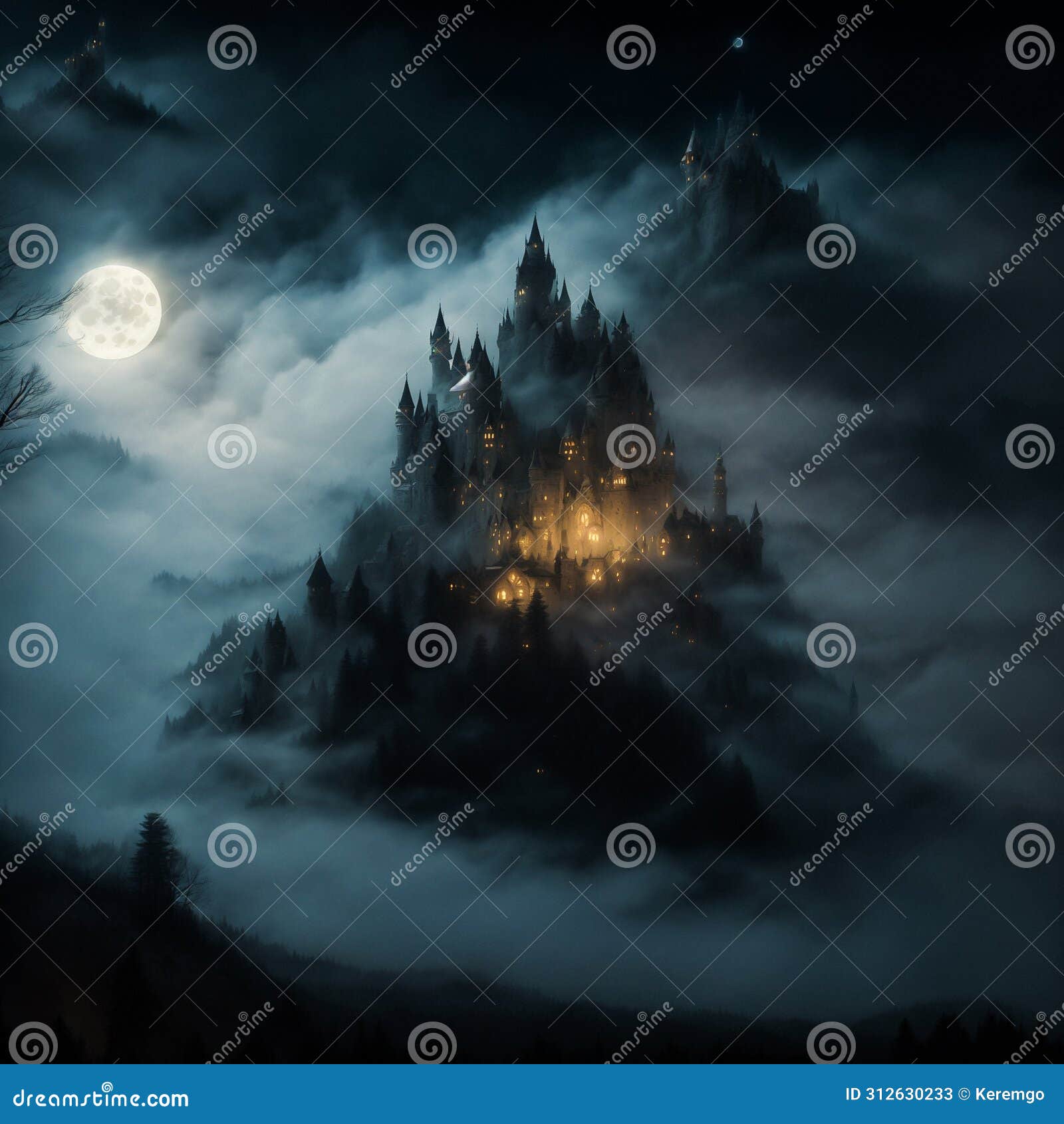 epic majestic scenery with fairy tale castle surrounded with a dense forest