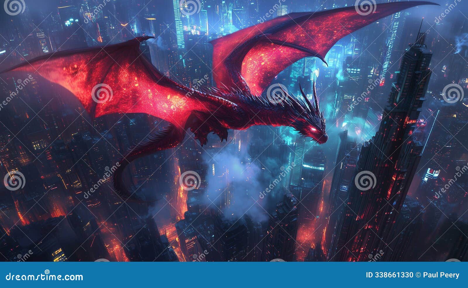 epic red dragon hovering over cyberpunk skyscrapers in a futuristic city