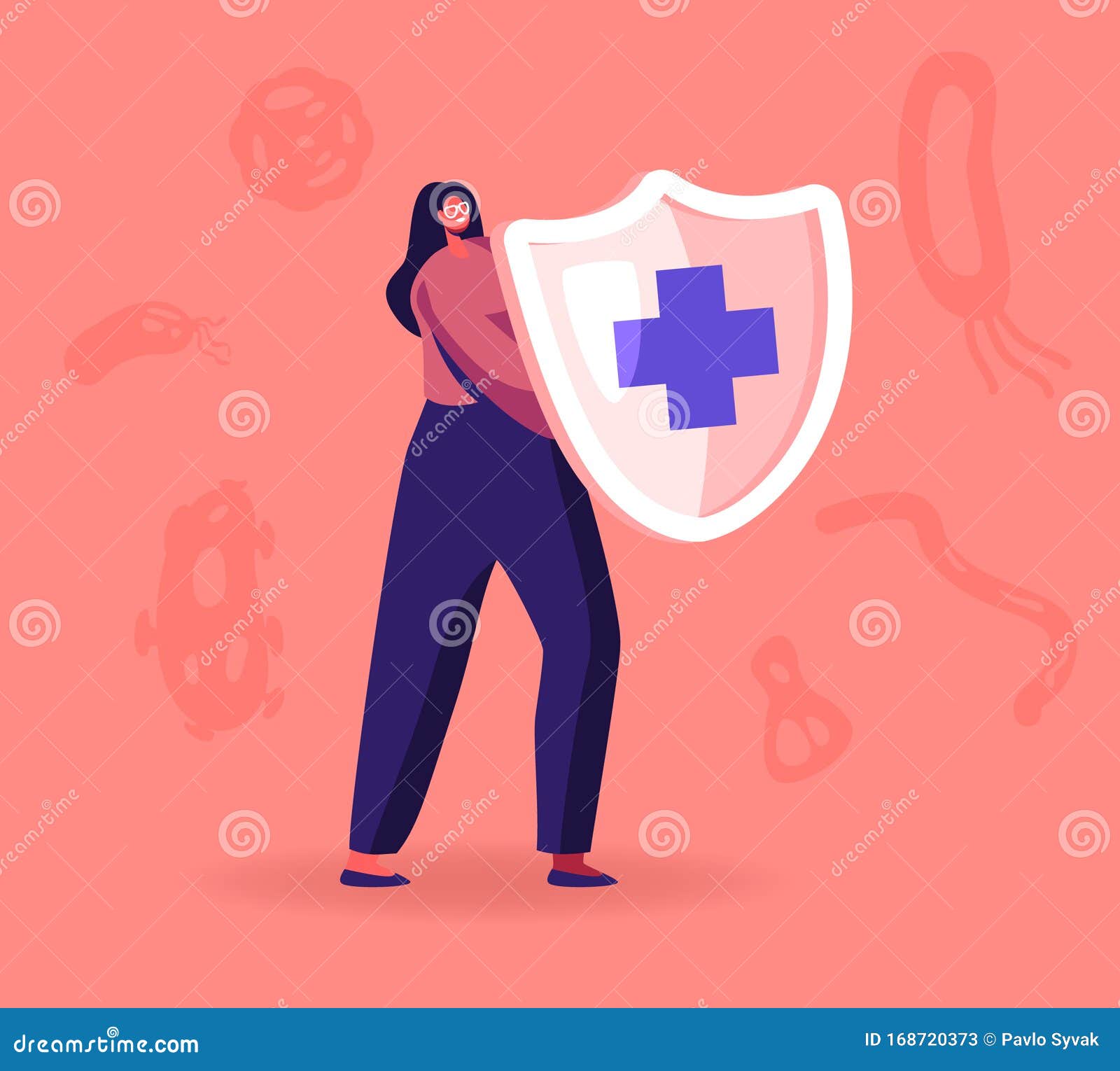 epidemiology concept. woman hold shield with cross sign. health danger risk spread. sanitary condition prevention