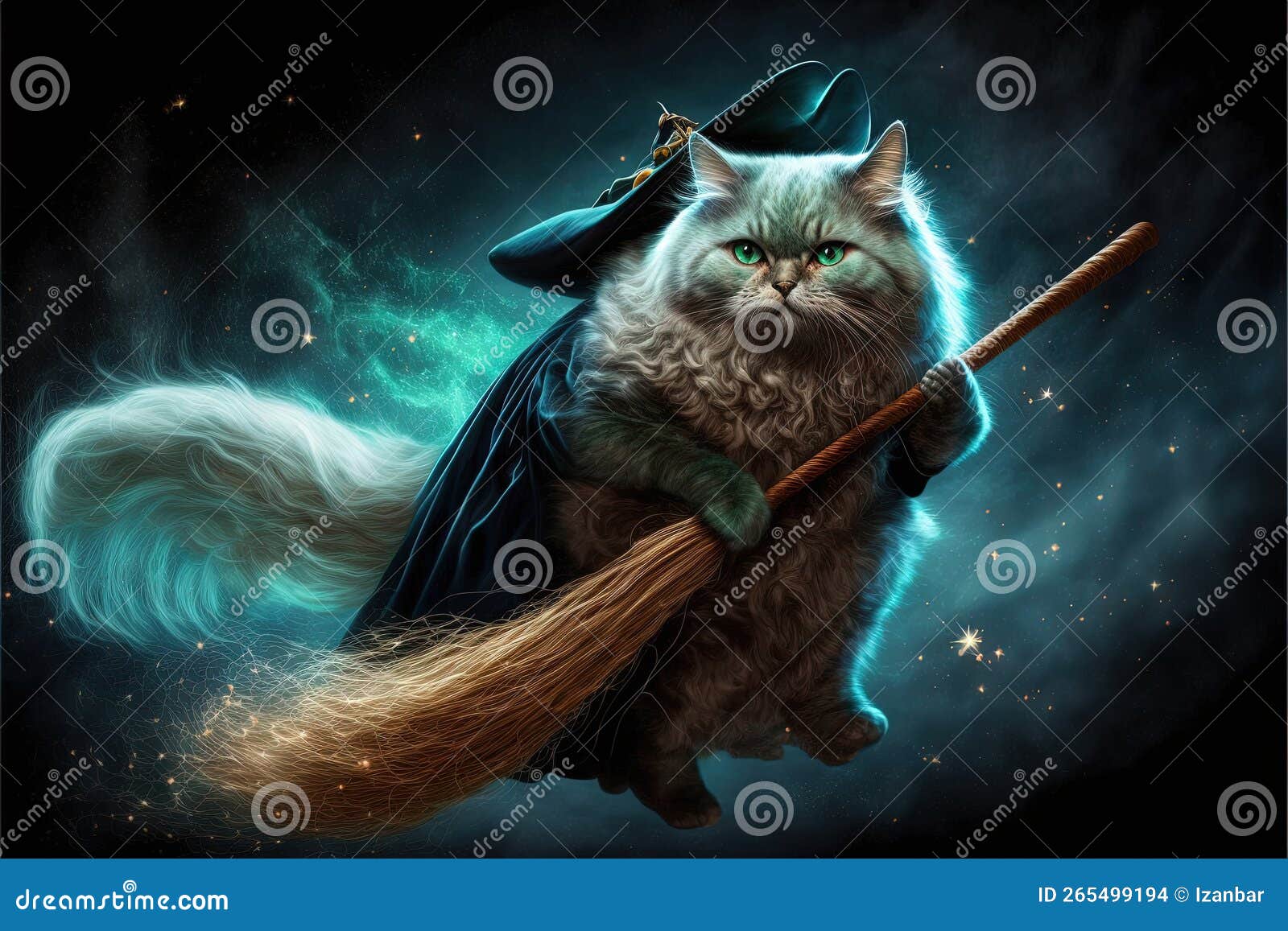 Premium Photo  There is a black cat sitting on a broom with a fishing rod  generative ai