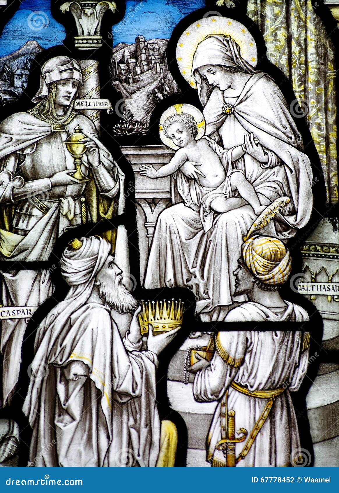the epiphany in stained glass (three kings visiting baby jesus)