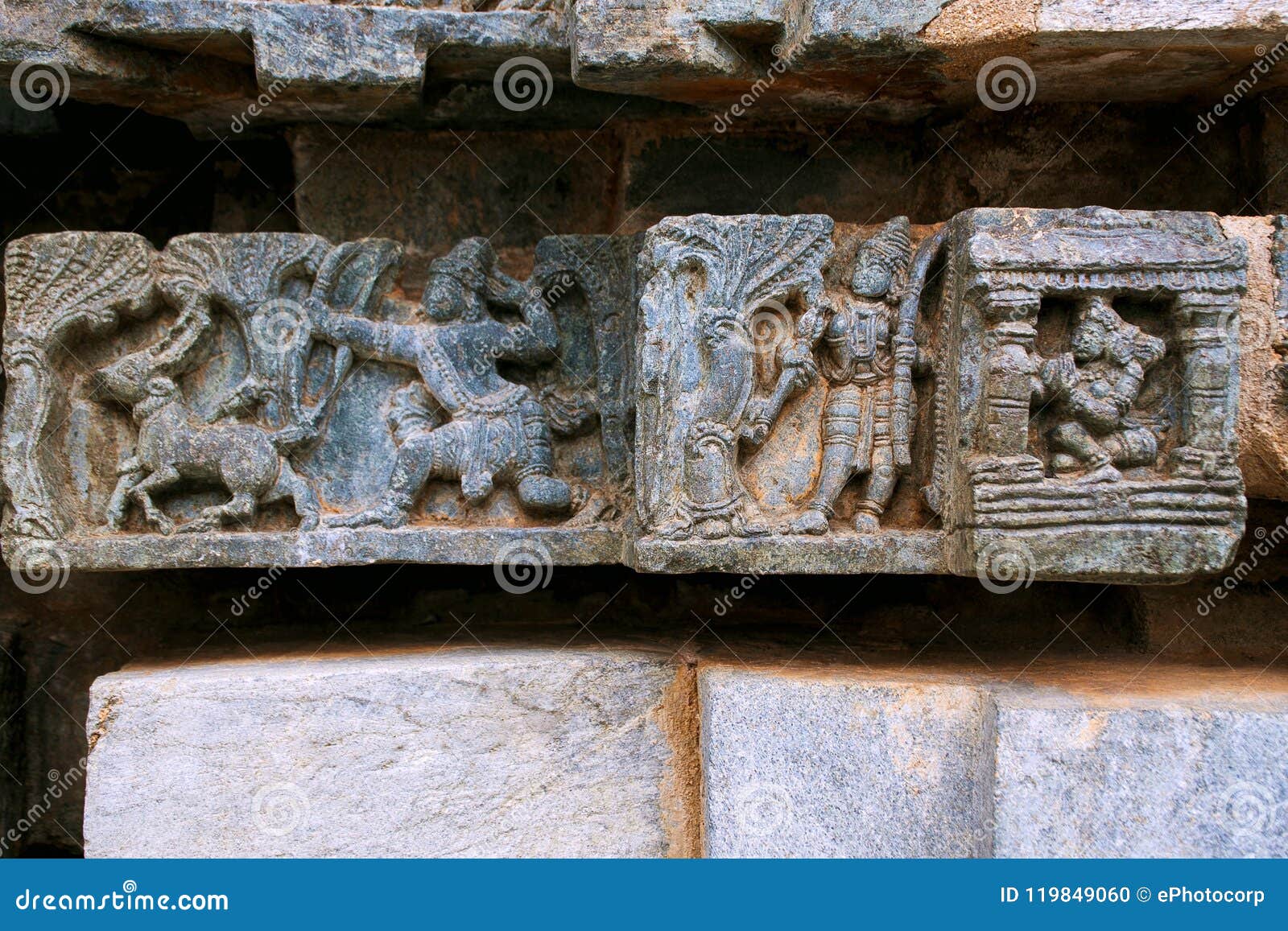 laxmana leaving sita in the kuti, rama shooting arrow at goden deer, suvarna mriga, carved on the friezes at the base of temple. k