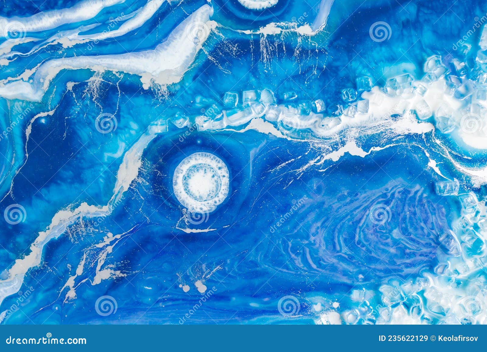 Epoxy Art. Resin Art with Blue and White Colors. Abstract Composition