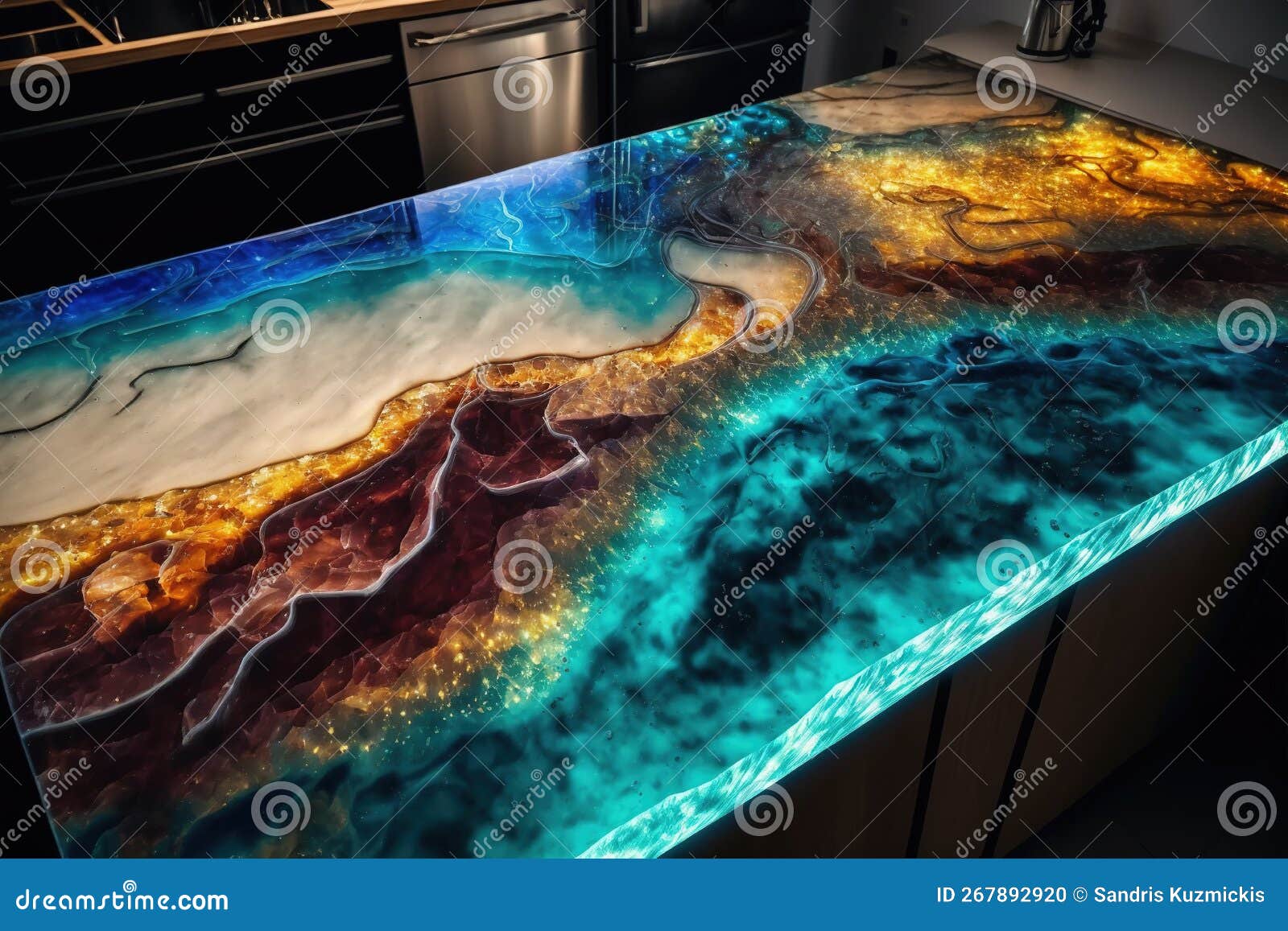 Blue and orange epoxy resin kitchen countertops. Generative AI. Stock  Illustration