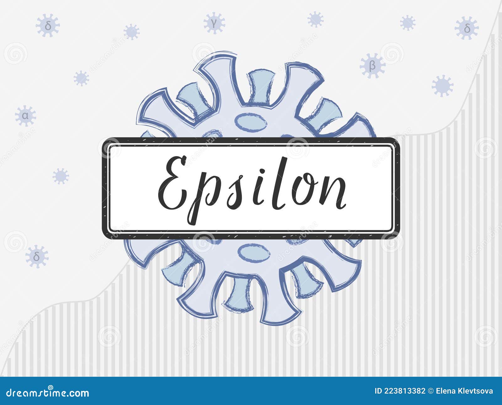 epsilon is a handwritten on the sign on a coronovirus background, with spikes of a different color izing the mutation.