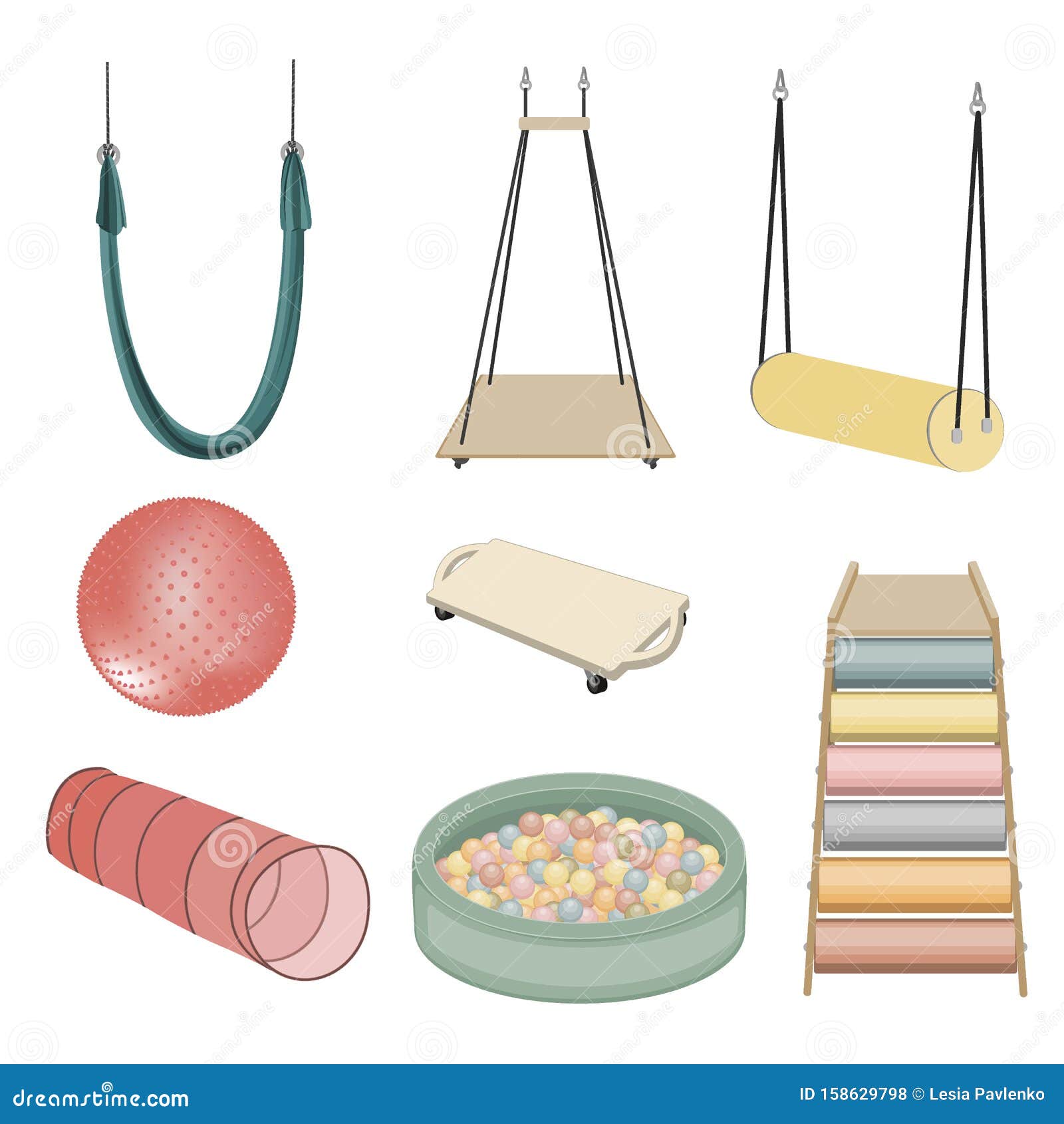 Equipamiento Para Niños Que Juegan, Ergoterapia Y Salas Sensoriales. Conjunto De Vectores. Hamaca, Columpios, Tobogán De Rodillo Ilustración del Vector - Ilustración de rodillo, hamaca: 158629798