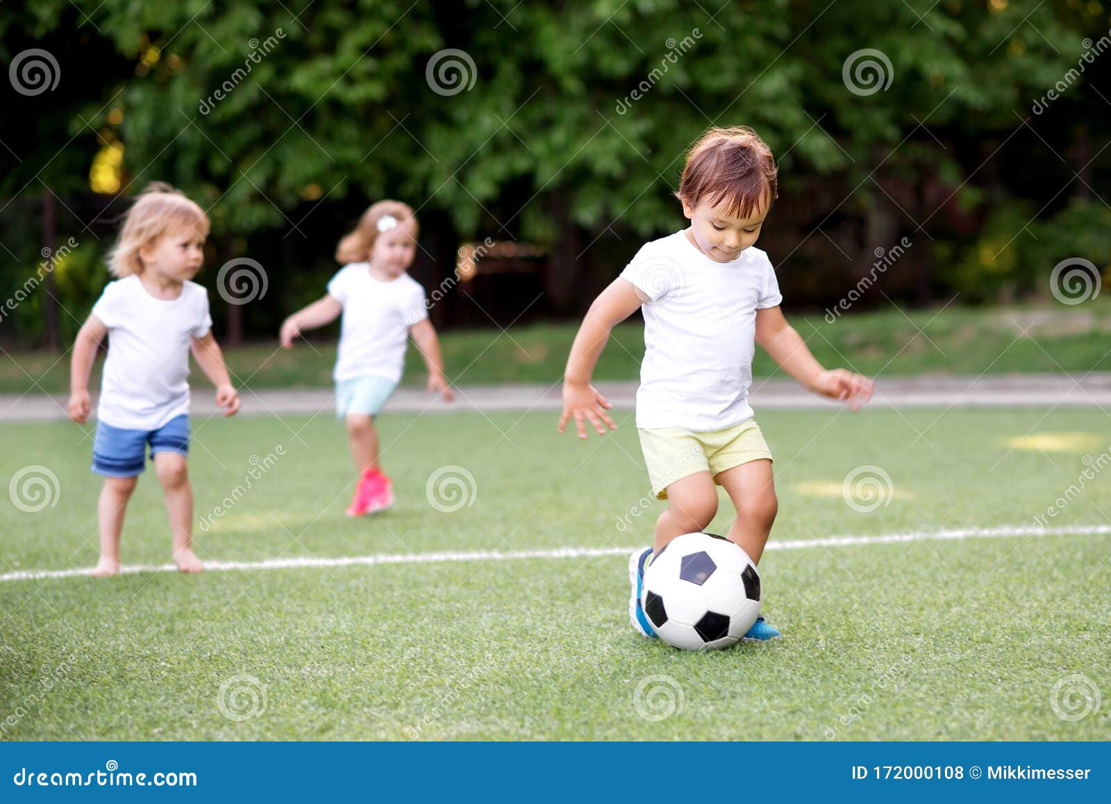 Perto da bola de futebol no campo verde  os jogadores vão jogar juntos