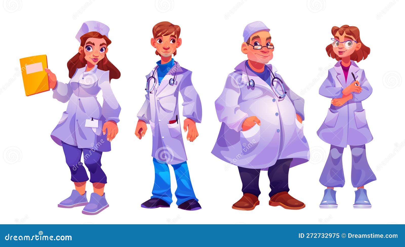 Ilustração dos desenhos animados da equipe de equipe médica do hospital,  personagens de médicos e enfermeiros.