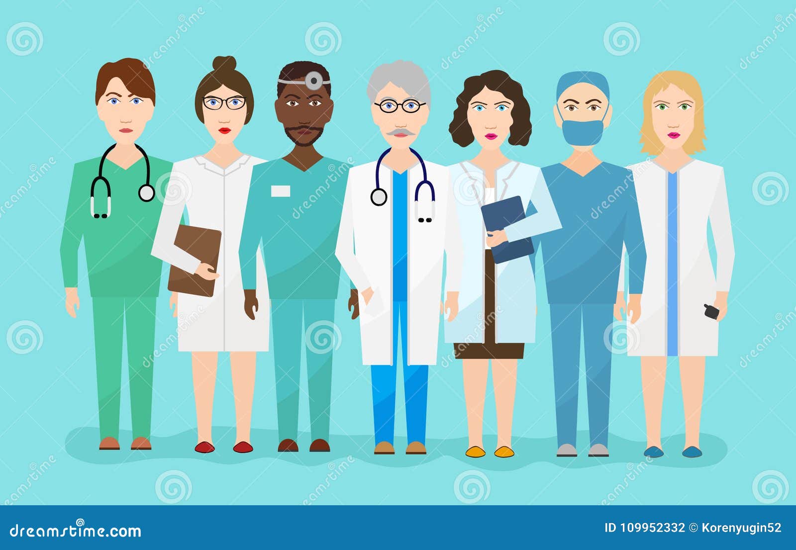Personagem de desenho animado plana da equipe médica usando máscara  protetora no fundo branco. equipe de médico e enfermeiro.
