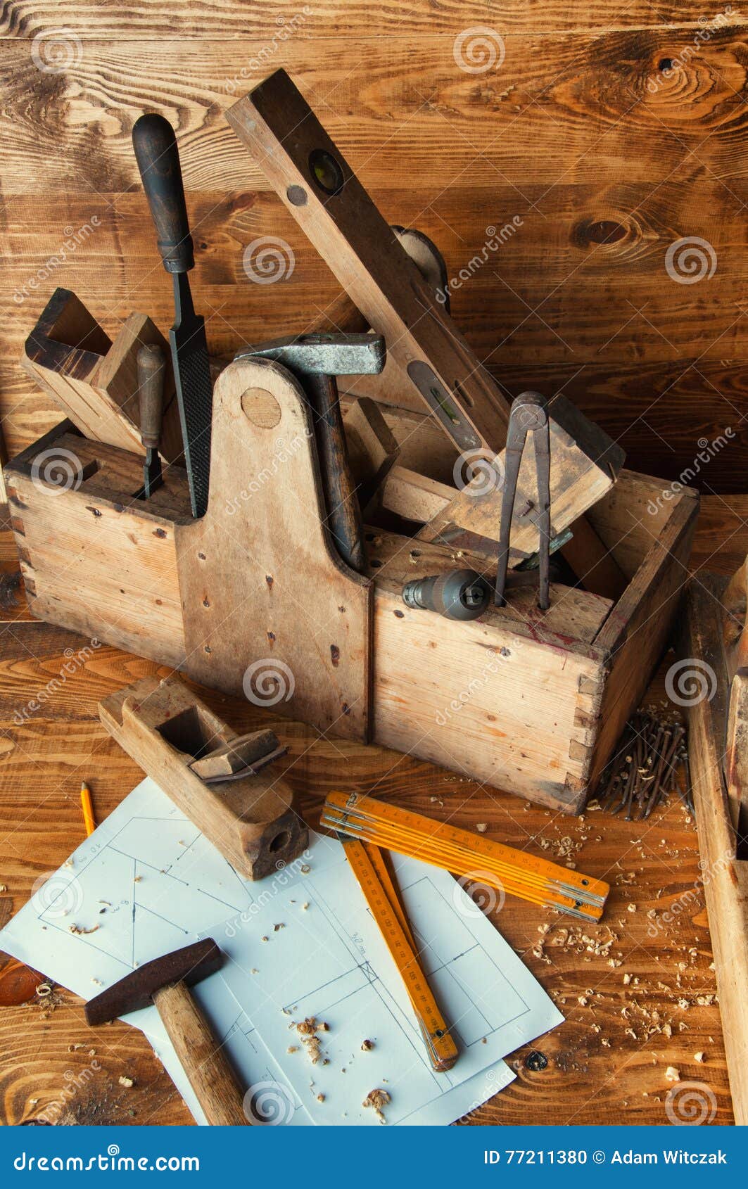 Equipment Carpenter on a Wooden Desk with Plans Stock Photo Image of