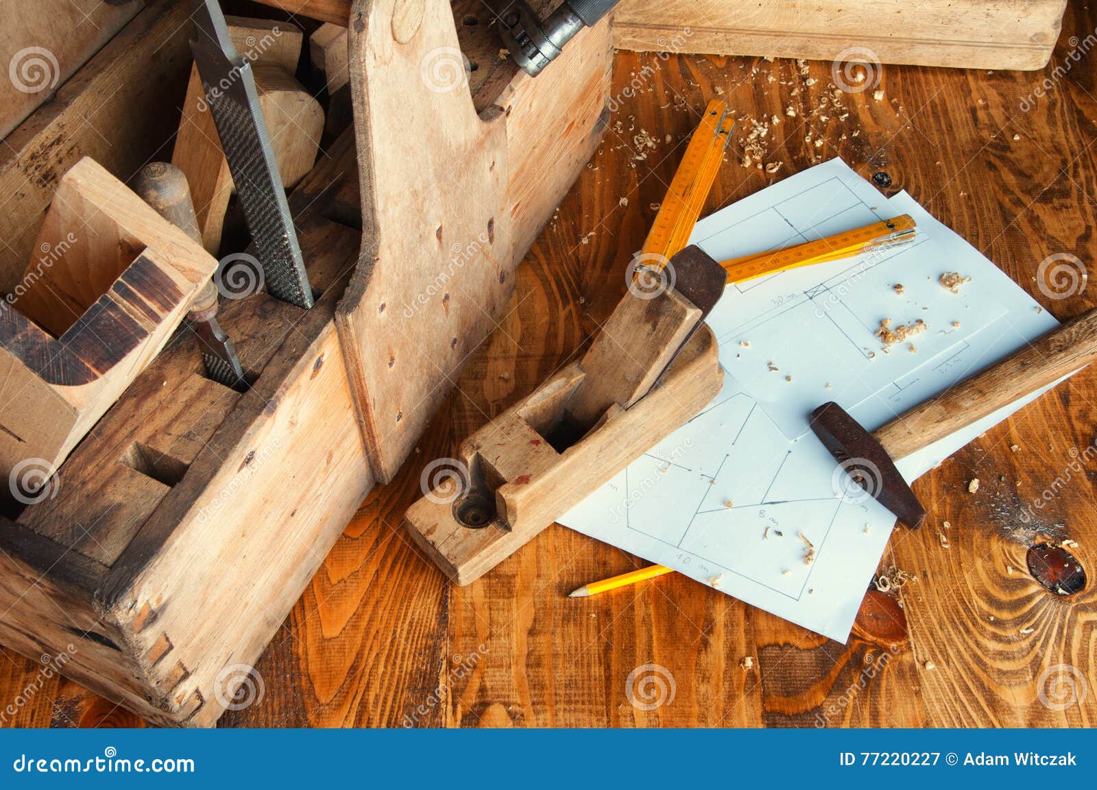 Equipment Carpenter On A Wooden Desk With Plans Stock Image