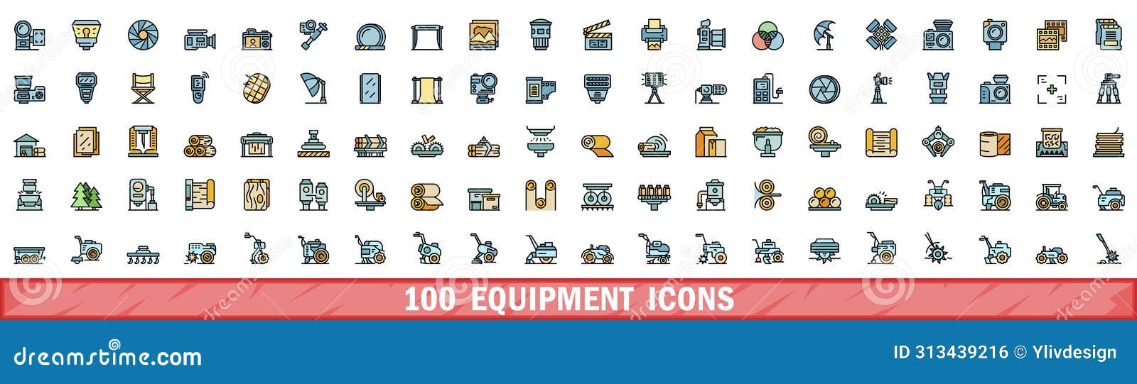 100 equipment icons set, color line style