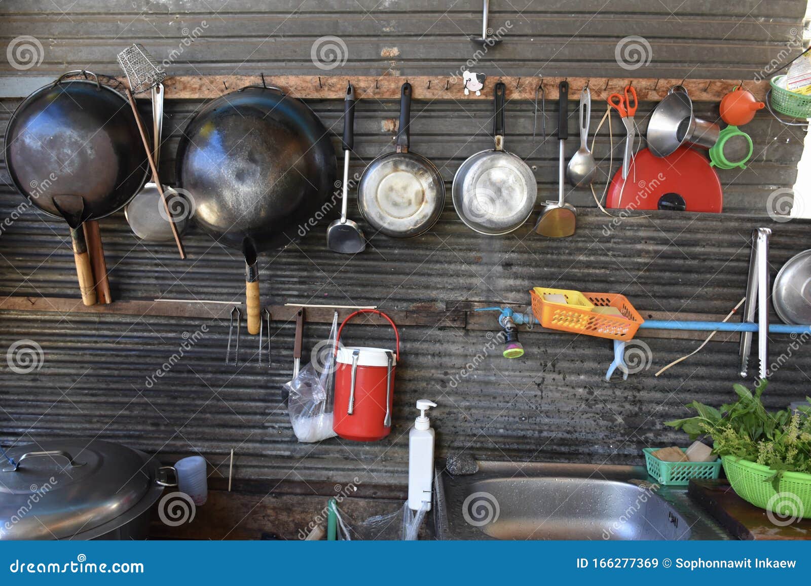 Equipments of Thai Kitchen on the Wall Stock Image Image of kitchen