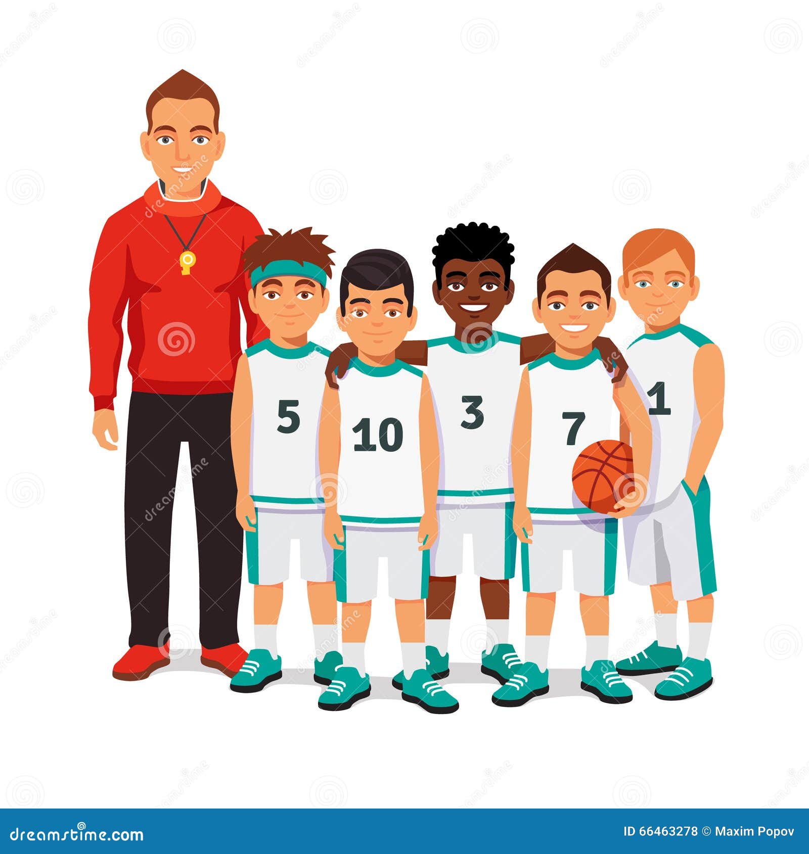 Equipo De Baloncesto De Los Escolares Con Su Entrenador Ilustración del  Vector - Ilustración de muestra, juego: 66463278