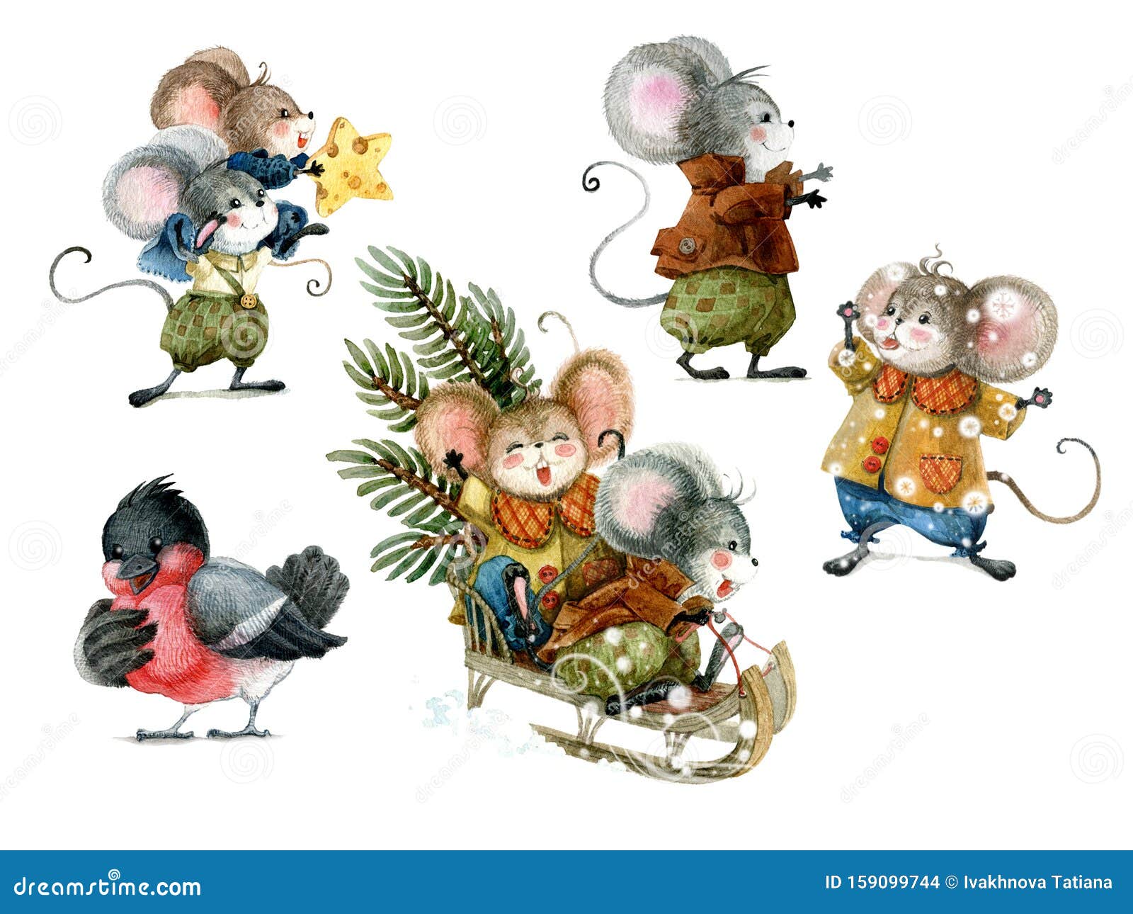 Equipo De Ratones De Navidad Bonitos Al Estilo De Las Caricaturas  Ilustración De Navidad De Color De Agua Stock de ilustración - Ilustración  de queso, trineo: 159099744