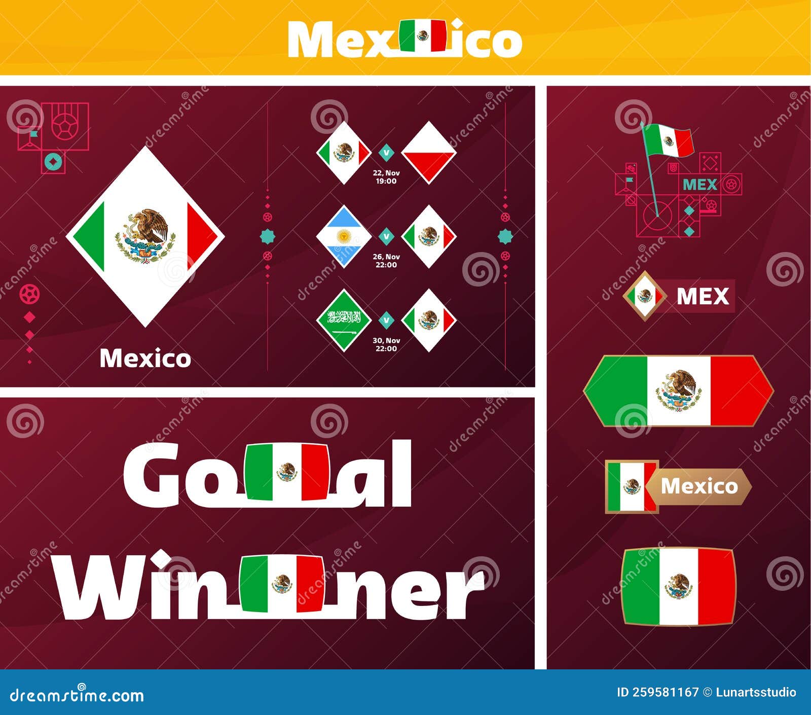 Equipo Nacional Mexicano De Diseño Material De Comunicación Colección  Gráfica De 2022 Elementos De Diseño De Campeonato Mundial De Ilustración  del Vector - Ilustración de emparejamiento, bandera: 259581167