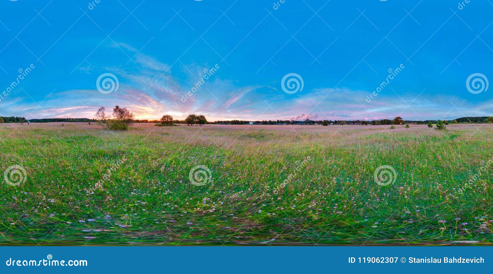 equirectangular 360 degree spherical panorama for virtual reality background beautiful sunrise at the field landscape blue sky