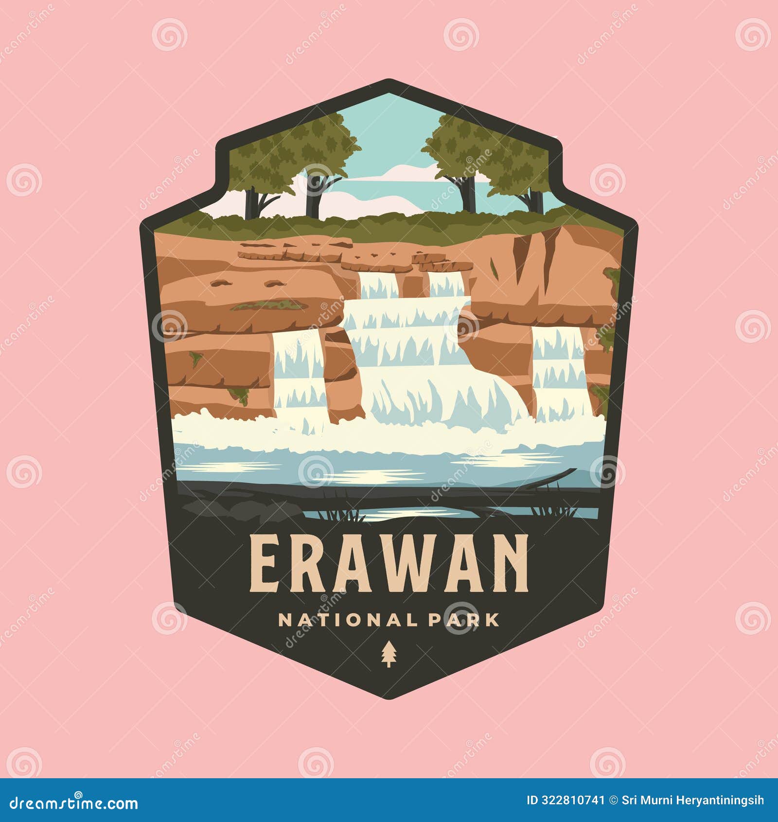 erawan waterfall in thailand national park logo  emblem patch  